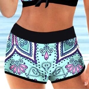 Swim Shorts Summer Black and Teal Patterned Women's